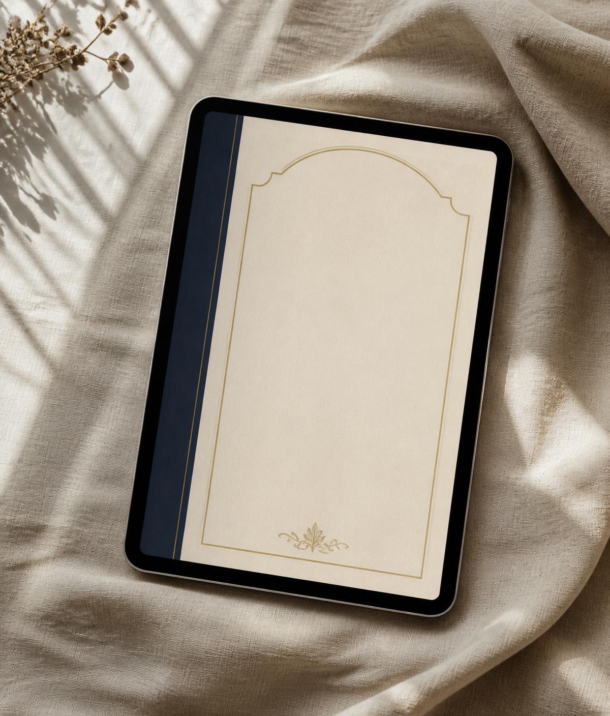 The Second Half ebook on a tablet, resting on linen